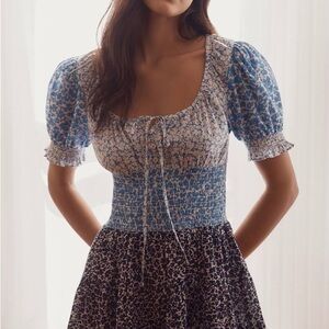 ANTHROPOLOGIE | blue flowers smocked dress S